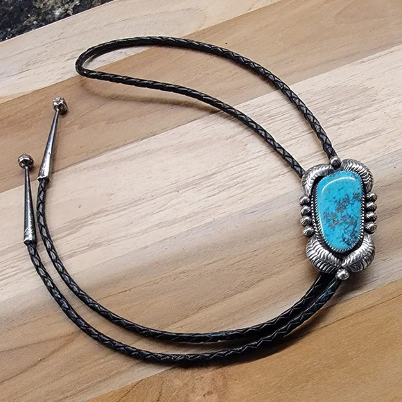 J. Roybal Silver and Turquoise Bolo Tie - Picture 3 of 6